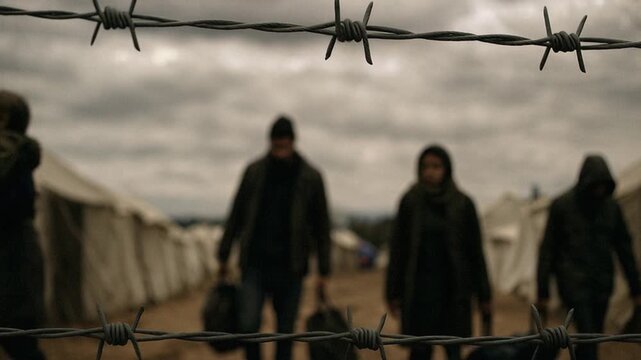 Barbed wire with blurred figures of refugees in background, symbolizing migration crisis, borders, conflict and human rights challenges