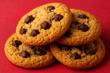 Stack of Delicious Chocolate Chip Cookies on a Vibrant Red Background