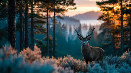 Deer with antlers on morning meadow with forest and mist background