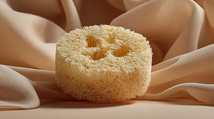Natural loofah sponge presented elegantly on soft flowing fabric, evoking spa and wellness.