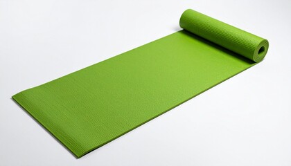 Green yoga mat partially unrolled on white surface