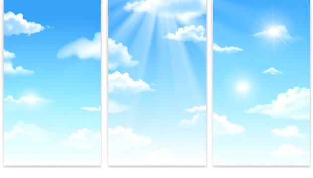 Three vertical panels depict a sunny sky with fluffy white clouds