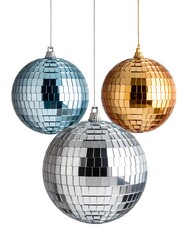 Three mirrored disco ball ornaments hang against a white background