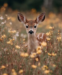Fototapeta premium photograph, cute baby deer in a spring wild flowers field, looking to the camera