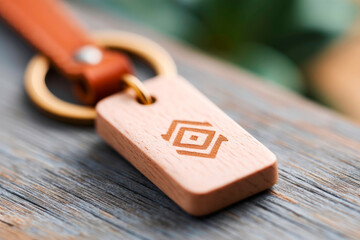 Elegant closeup of a rustic wooden and leather keychain with a detailed engraved design