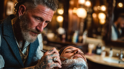 Professional barber shaving client with straight razor in vintage style barbershop