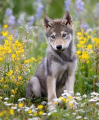 photograph, cute baby wolf in a spring wild flowers field, looking to the camera