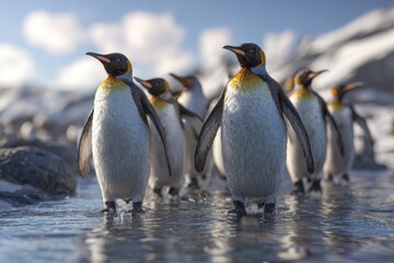 Fototapeta premium A group of regal penguins stands in the shallow water, their black and white plumage contrasting against the pale sky and icy landscape.