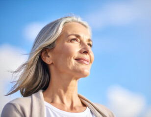 Mature woman with sky, hopeful, and outdoors.