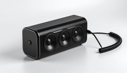Black portable speaker with coiled cable on white surface