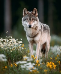 photograph, cute wolf in a spring wild flowers field, looking to the camera