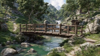 Fototapeta premium Traditional rustic wooden bridge across flowing river, walking paths nearby framed with nature, timeless historic charm, 3D rendered landscape