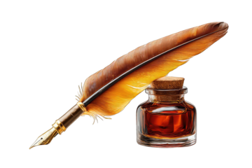 Feather quill pen and ink bottle