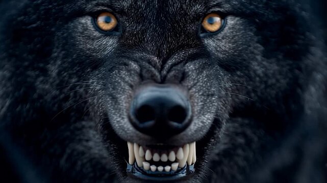 A powerful and intense close-up of a black wolf snarling, revealing its sharp fangs.