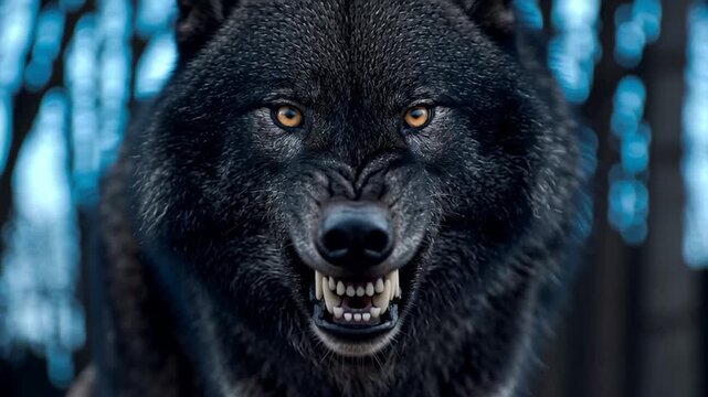 A powerful and intense close-up of a black wolf snarling, revealing its sharp fangs.