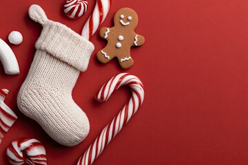 Christmas stocking with candy canes and gingerbread on red background