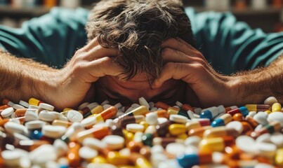 Individual overwhelmed by a sea of prescription pills, depicting the emotional struggle and desperation of overcoming drug addiction and substance abuse challenges, Generative AI