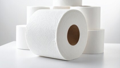 Toilet paper rolls on white surface, clean and minimal hygiene concept