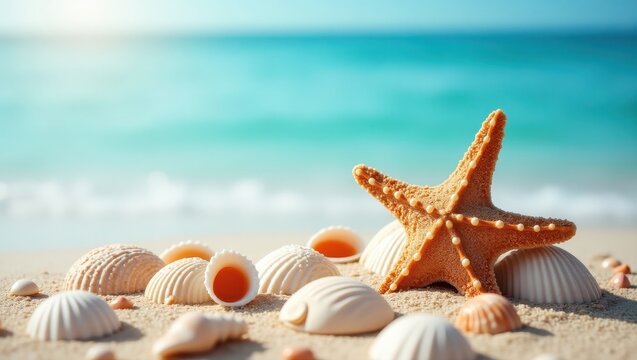 A sunny beach scene showcases seashells and a starfish, nestled in soft, golden sand against a backdrop of turquoise ocean water.