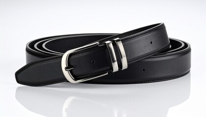 Black leather belt with silver buckle coiled on white surface