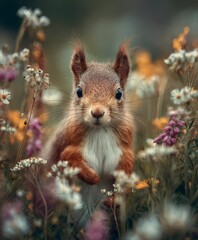 photograph, cute squirrel in a spring wild flowers field, looking to the camera