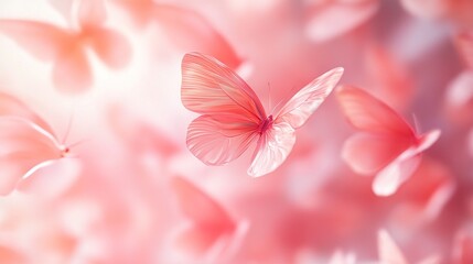 A swarm of delicate, pastel-pink butterflies in flight, softly illuminated against a blurred, similarly hued background, creating a dreamy, ethereal effect