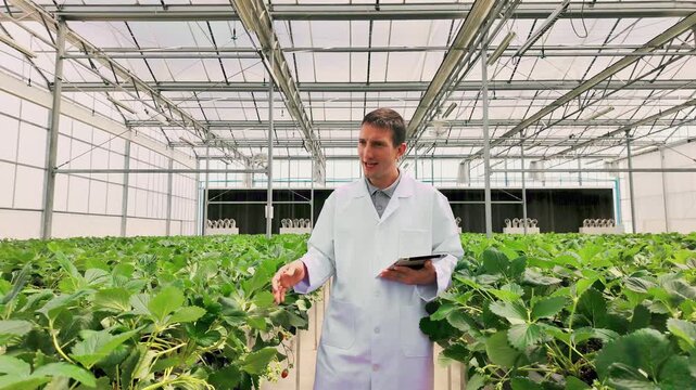 Scientist in a lab coat stands among leafy crops inside a modern greenhouse, showcasing controlled-environment agriculture and research on sustainable, high-yield plant cultivation.