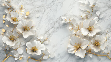 White Marble Stone Texture with Golden Veins and Decorative Flowers for Luxury Background,generative ai