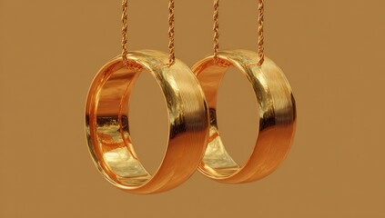Two golden rings hang on strings against a tan background