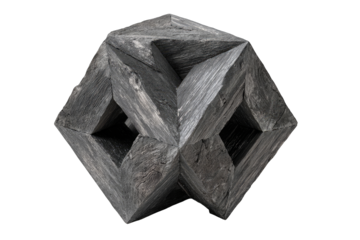 Dark gray, geometric, interlocking,  wooden sculpture.  Complex,  intricate,  3D structure