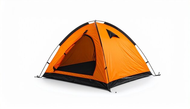 Solo shelter — orange dome tent with black base and open triangular flap, pitched for camping, isolated on white