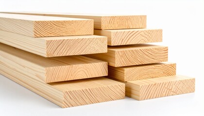 Stacked timber — assorted light-colored wooden planks piled neatly, showcasing grain texture and varied thickness, isolated on white