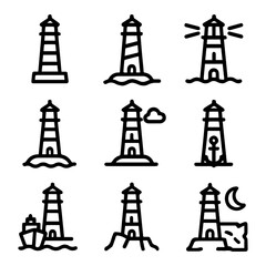 Nine Distinct Lighthouse Icons Depicting Various Designs and Scenarios.