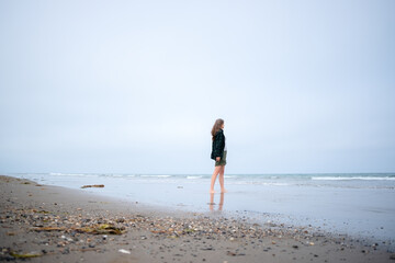 Female figure standing at water's edge observing rolling ocean fog. Ideal for adventure,...