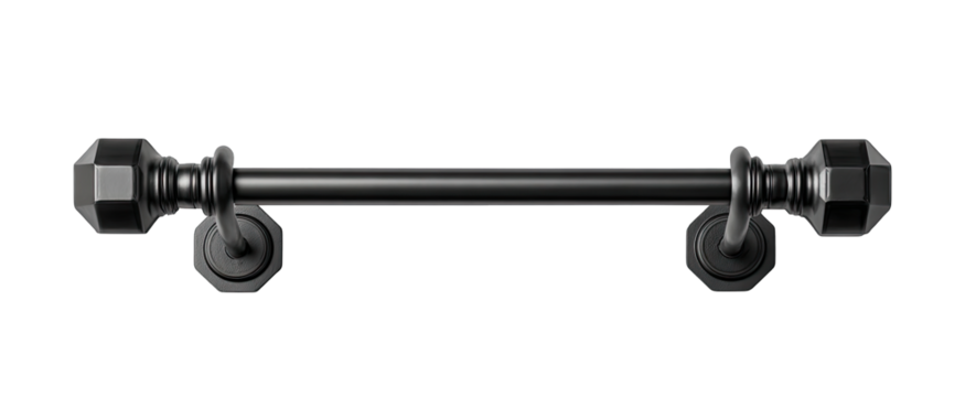 Black metal curtain rod with diamond-shaped finials