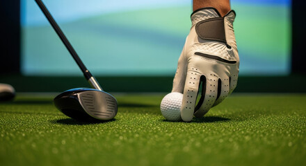 Golfer placing golf ball on artificial turf preparing for the perfect swing at the course