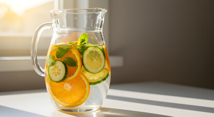 Refreshing infused water in a glass pitcher with slices of citrus fruits and cucumber, enhanced by natural sunlight.