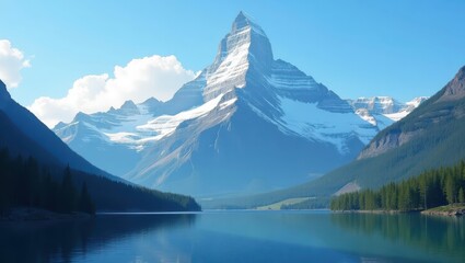 Naklejka premium A serene mountain lake landscape showcases a majestic snow-capped peak reflecting on the tranquil water's surface, highlighted by a vibrant blue sky and dark forest lining the shore.