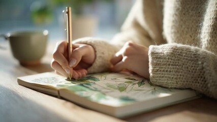 The Art of Words: A moment of creativity unfolds as hands delicately wield a pen, bringing thoughts to life in a journal. a tranquil, soft-lit scene. 