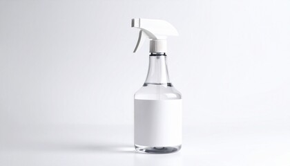Obraz premium Clean intent — clear spray bottle with white nozzle and blank label on seamless white