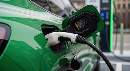 Green electric vehicle being charged showing charging port and plug connection details