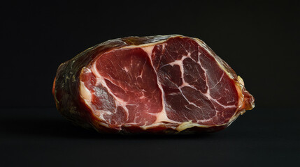 Fototapeta premium Domestic pork ham exposed for sale. a piece of cured pork ham with thin layers of lard on the table. 