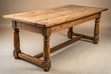 Rustic wooden table with turned legs for dining or farmhouse decor