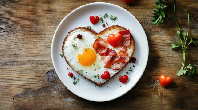 Heart Shaped Breakfast, Valentine's Day Concept, Heart shaped fried egg of love place on brown wood for breakfast.
