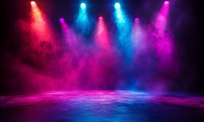 Vibrant stage illuminated by colored spotlights and smoke, capturing the excitement and anticipation of live performances, Generative AI