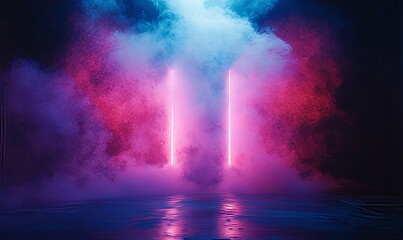 Vibrant stage illuminated by colored spotlights and smoke, capturing the excitement and anticipation of live performances, Generative AI