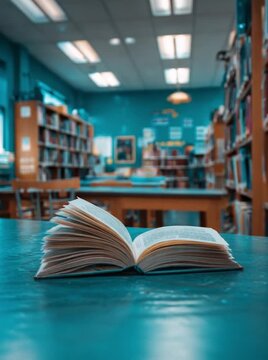 Literary Oasis: An open book, bathed in soft light, rests on a weathered table within a library, inviting readers to immerse themselves in a world of words.