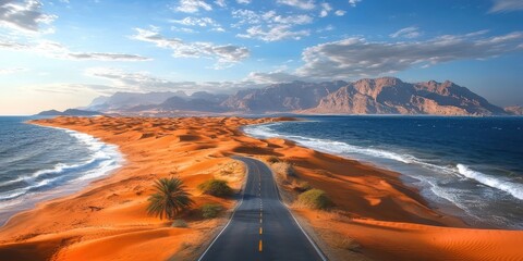 Fototapeta premium A stunning landscape featuring a road winding through golden sand dunes, bordered by a vibrant blue ocean and dramatic mountains in the background.
