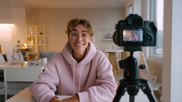 Vlogging Session: A young creator smiles directly at the camera during a video recording session, demonstrating a relaxed, engaging approach. The scene suggests a modern home setup with natural light