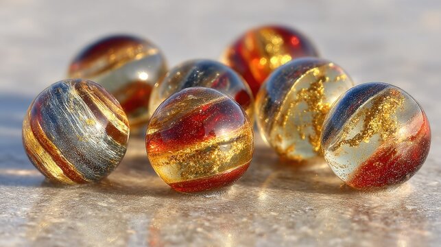 Seven translucent spheres with gold and red striations rest on a light surface